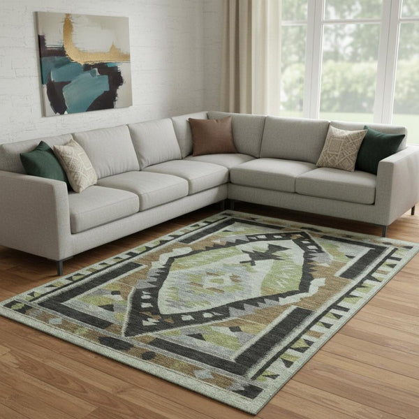HomeRoots 9' X 12' Tribal Washable Area Rug - Earthy Brown & Green with UV Protection for Busy Homes! 707988