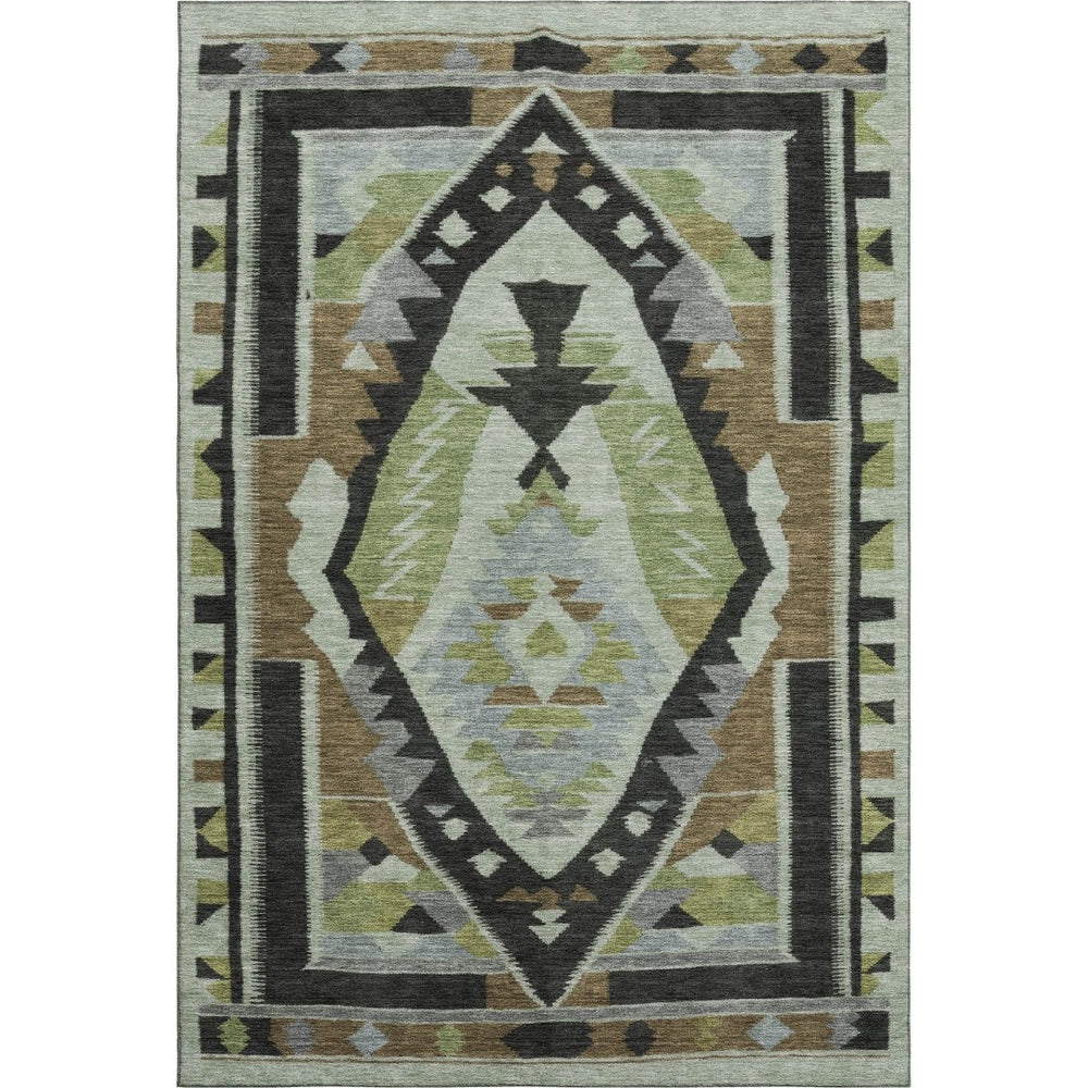 HomeRoots 9' X 12' Tribal Washable Area Rug - Earthy Brown & Green with UV Protection for Busy Homes! 707988