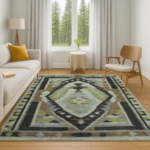 HomeRoots 9' X 12' Tribal Washable Area Rug - Earthy Brown & Green with UV Protection for Busy Homes! 707988
