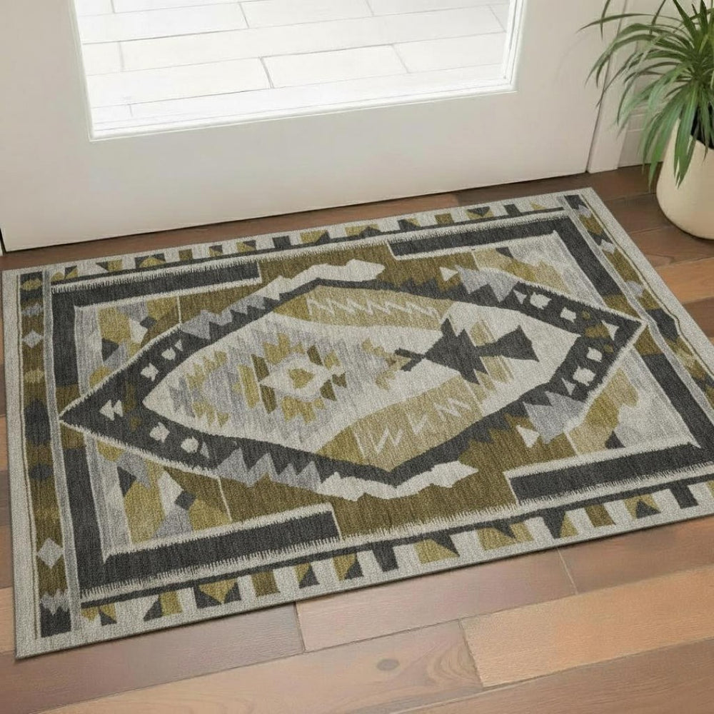 HomeRoots 5' X 8' Tribal Washable Area Rug in Chocolate Beige & Charcoal - Durable, UV-Resistant & Stylish 707991