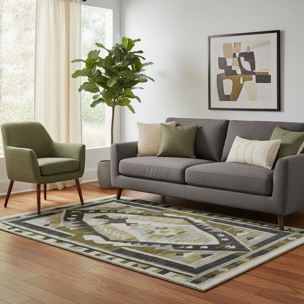 HomeRoots 8' Tribal Washable Round Rug in Chocolate Beige & Charcoal - Durable, UV-Protected for Active Homes 707992