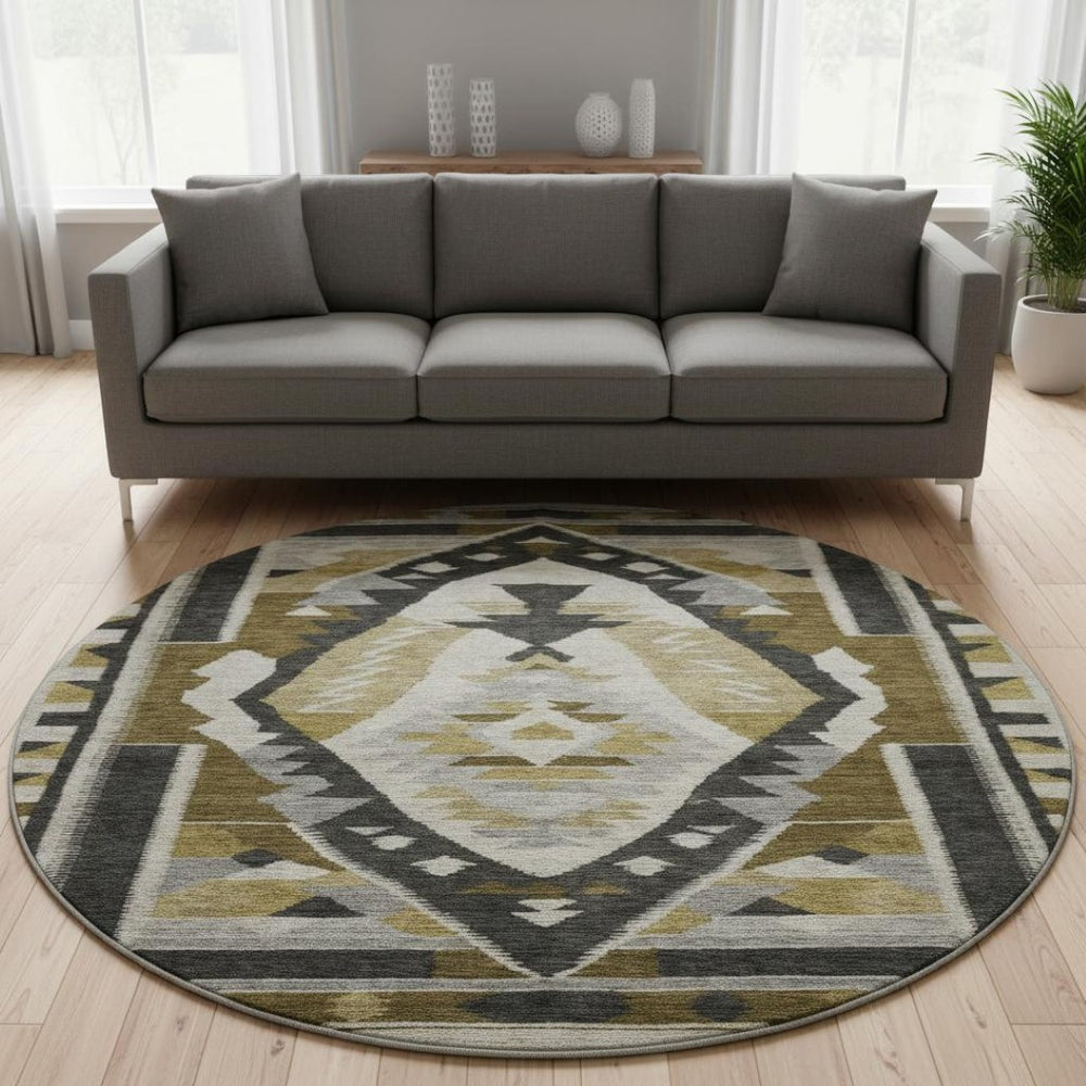 HomeRoots 8' X 10' Washable Tribal Area Rug in Chocolate Beige & Charcoal with UV Protection for Durability 707993