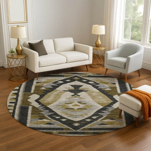 HomeRoots 8' X 10' Washable Tribal Area Rug in Chocolate Beige & Charcoal with UV Protection for Durability 707993