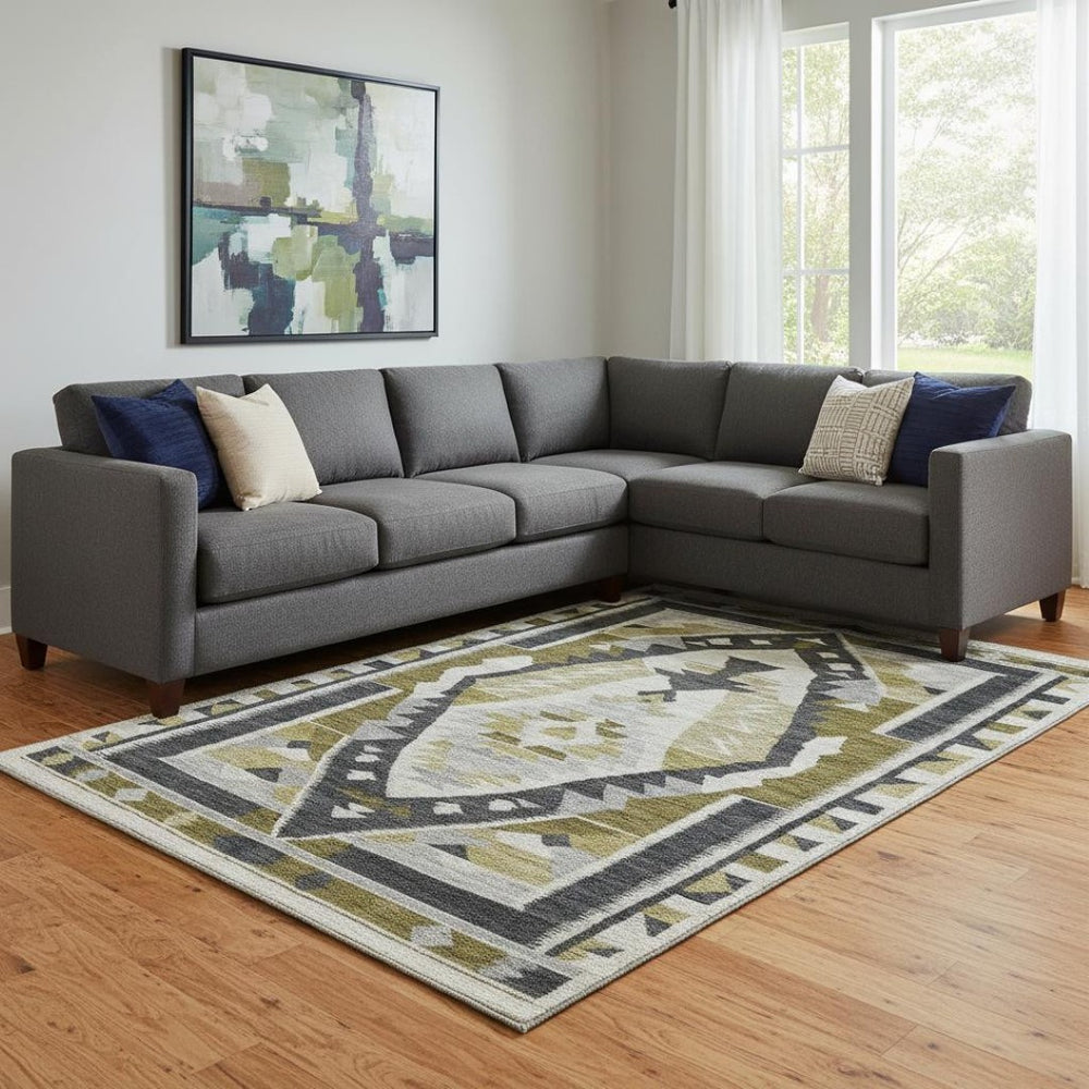 HomeRoots 9' X 12' Durable Chocolate Beige and Charcoal Tribal Area Rug with UV Protection for Busy Homes 707994