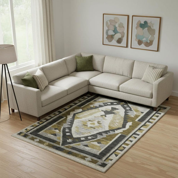 HomeRoots 10' X 14' Chocolate Beige and Charcoal Tribal Area Rug - Durable, Washable, UV Protected & Stylish 707995