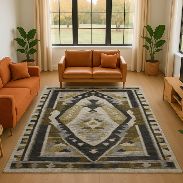 HomeRoots 10' X 14' Chocolate Beige and Charcoal Tribal Area Rug - Durable, Washable, UV Protected & Stylish 707995