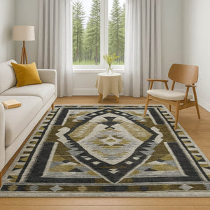 HomeRoots 10' X 14' Chocolate Beige and Charcoal Tribal Area Rug - Durable, Washable, UV Protected & Stylish 707995