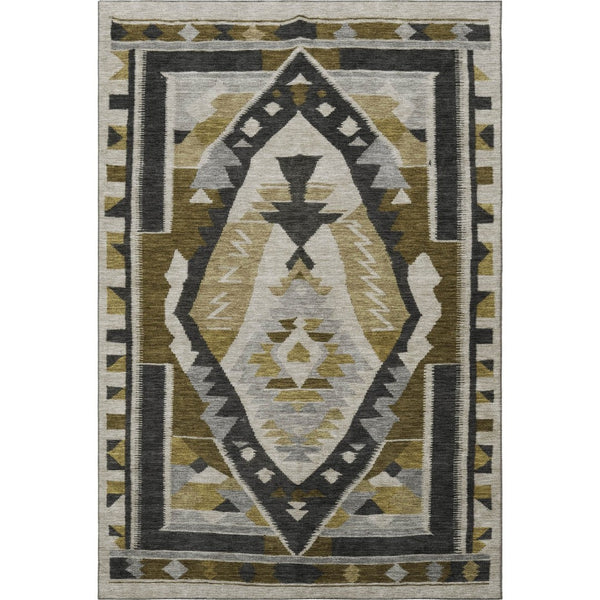 HomeRoots 10' X 14' Chocolate Beige and Charcoal Tribal Area Rug - Durable, Washable, UV Protected & Stylish 707995