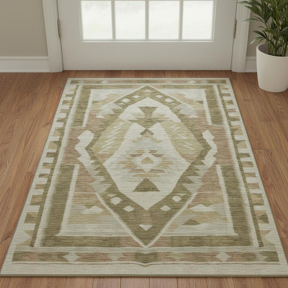 HomeRoots 5' X 8' Linen Ivory & Khaki Tribal Area Rug - Durable, Washable, UV-Protected for High-Traffic Homes 707997