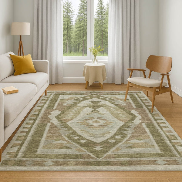 HomeRoots 5' X 8' Linen Ivory & Khaki Tribal Area Rug - Durable, Washable, UV-Protected for High-Traffic Homes 707997