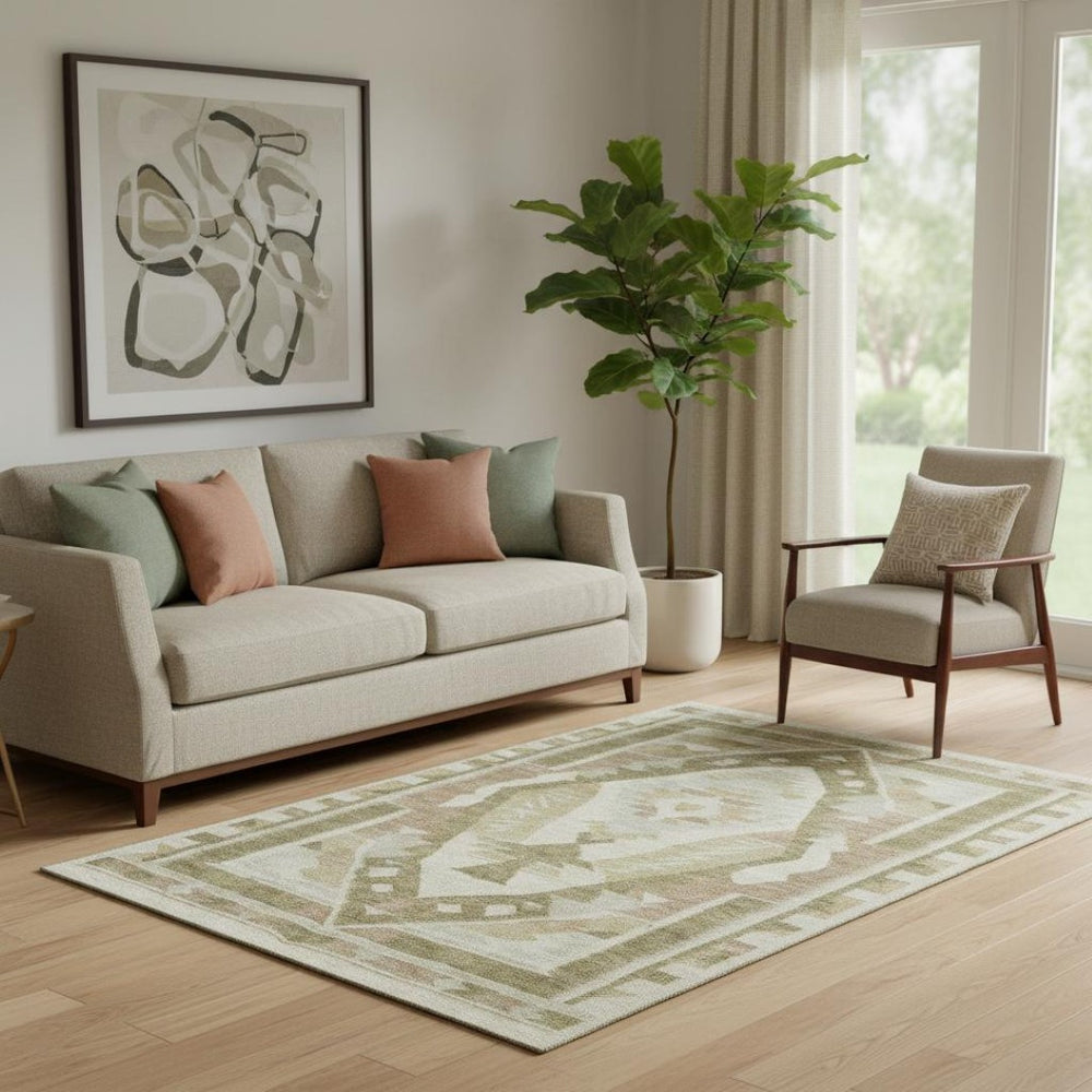 HomeRoots 8' Washable Tribal Round Rug in Linen Ivory & Khaki - Durable, UV Protected, Stain Resistant Design 707998