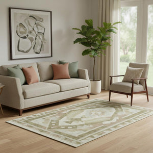 HomeRoots 8' Washable Tribal Round Rug in Linen Ivory & Khaki - Durable, UV Protected, Stain Resistant Design 707998