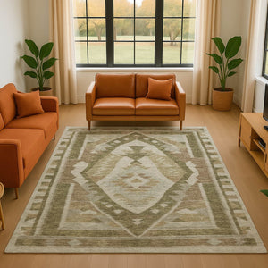 HomeRoots 8' Washable Tribal Round Rug in Linen Ivory & Khaki - Durable, UV Protected, Stain Resistant Design 707998