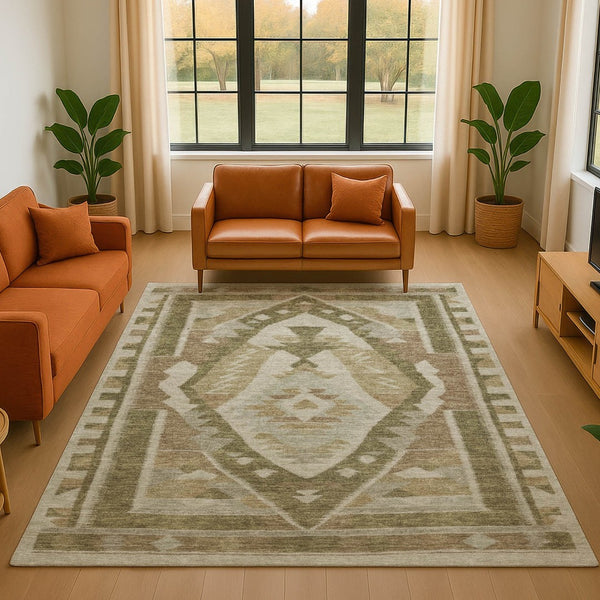 HomeRoots 8' Washable Tribal Round Rug in Linen Ivory & Khaki - Durable, UV Protected, Stain Resistant Design 707998