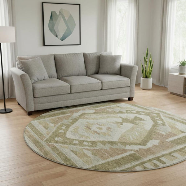 HomeRoots 8' X 10' Tribal Washable Area Rug in Linen Ivory & Khaki - UV Protected, Soft, Durable, Non-Slip Design 707999