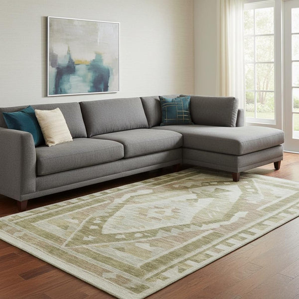 HomeRoots 9' X 12' Linen Ivory Khaki Tribal Area Rug - Washable, UV Protected, Soft & Durable for Any Space 708000