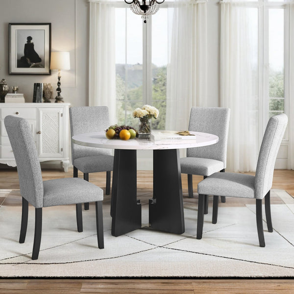 English Elm 5-Piece Round Dining Set with 43" Modern MDF Table and 4 Upholstered Fabric Chairs for Compact Spaces White+gray N752S001055E