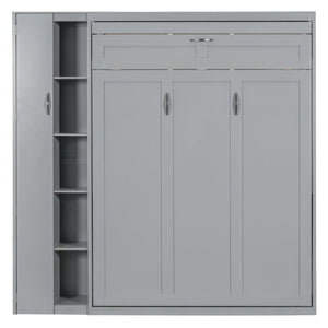 English Elm Full Size Murphy Bed with Open Shelving Wardrobe and Led Lighting for Studio Spaces Gray LP000898AAE