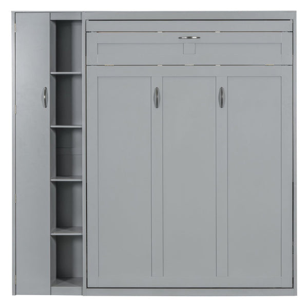 English Elm Full Size Murphy Bed with Open Shelving Wardrobe and Led Lighting for Studio Spaces Gray LP000898AAE