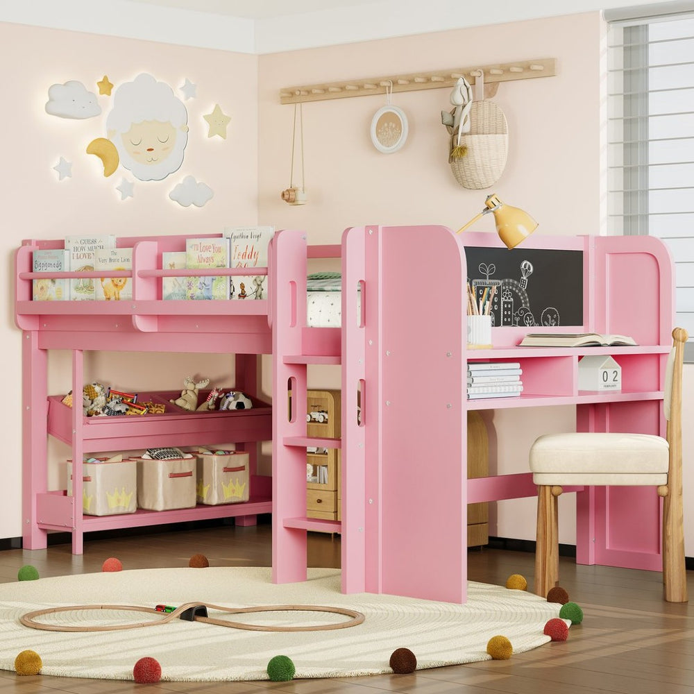 English Elm Twin Low Loft Bed Solid Pine Frame Kids Study Desk Blackboard Storage White W1580S00298