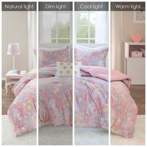 JLA Home Mi Zone - Metallic Plush Comforter Set with Shimmering Heart Print, Hypoallergenic Fill, OEKO-TEX Certified Washable Pink Multi/Gold MZ10-0654