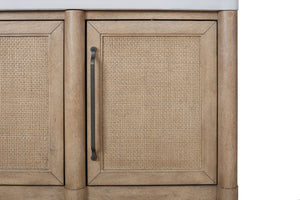 English Elm 54" Expandable Round Dining Set w/ 4 Chairs, Sand Mindi Veneer Finish, Cement Top Server, Cane Insets, Soft-Close Hinges, Web Seating - 6PC Stylish Entertaining B2699S00064