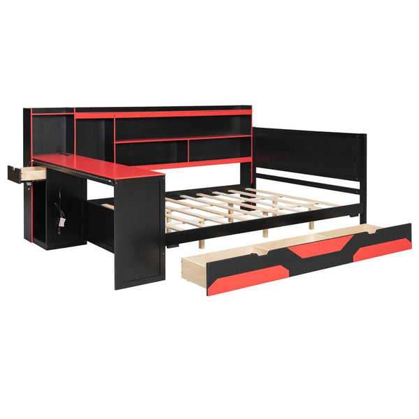 English Elm Queen Gaming Bed Frame with Desk Led Lighting Storage Drawers and Bookcase Headboard Black+Red LP000290AAJ