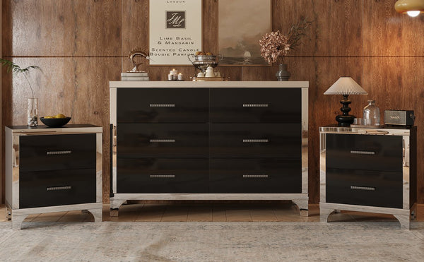 English Elm 3-Pieces Modern Dresser and Two Nightstands with Mirrored Trim, Metal Handles, Spacious Storage Black 55.71 L x 19.29 W x 10.63 H N733S205355B