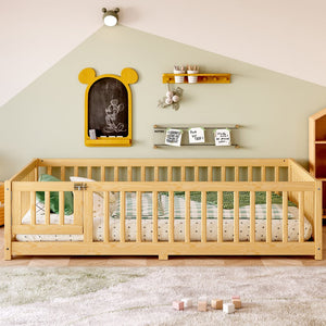 English Elm Full Floor Bed with Safety Guardrails and Play Door for Kids, Low Profile Pine Frame, 550lb Capacity Natural W1580P338952