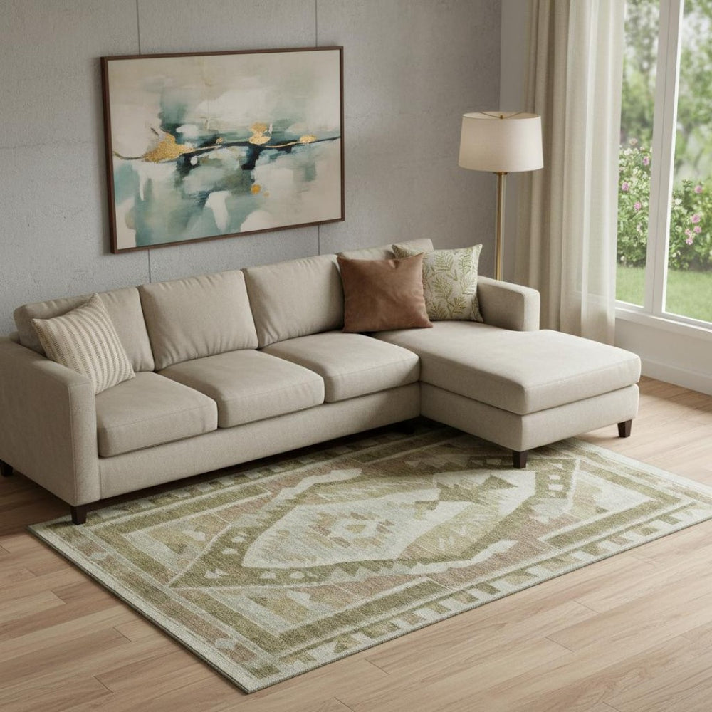 HomeRoots 10' X 14' Tribal Area Rug in Linen Ivory & Khaki - Washable, UV Protected, Durable & Stylish Design 708001