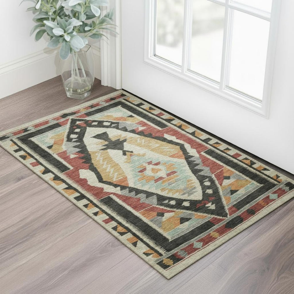 HomeRoots 5' X 8' Vibrant Red Charcoal Gold Tribal Area Rug - Washable, UV Protected, Non-Slip Backing, Durable! 708003