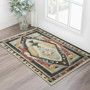 HomeRoots 5' X 8' Vibrant Red Charcoal Gold Tribal Area Rug - Washable, UV Protected, Non-Slip Backing, Durable! 708003