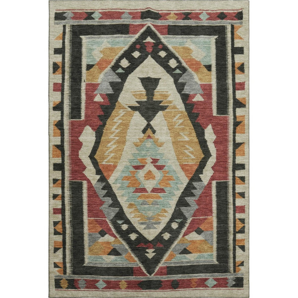 HomeRoots 5' X 8' Vibrant Red Charcoal Gold Tribal Area Rug - Washable, UV Protected, Non-Slip Backing, Durable! 708003