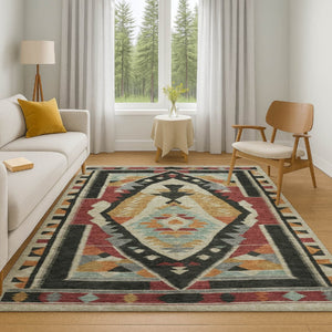HomeRoots 5' X 8' Vibrant Red Charcoal Gold Tribal Area Rug - Washable, UV Protected, Non-Slip Backing, Durable! 708003
