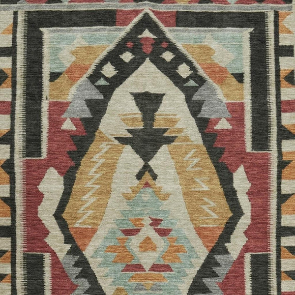 HomeRoots 5' X 8' Vibrant Red Charcoal Gold Tribal Area Rug - Washable, UV Protected, Non-Slip Backing, Durable! 708003