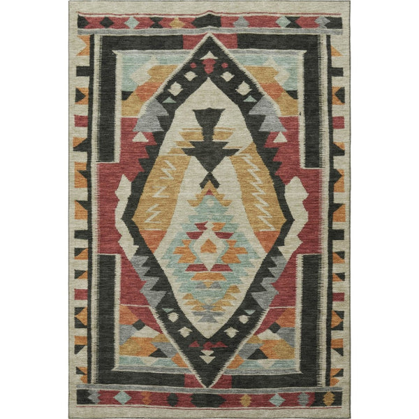 HomeRoots 5' X 8' Vibrant Red Charcoal Gold Tribal Area Rug - Washable, UV Protected, Non-Slip Backing, Durable! 708003