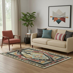 HomeRoots 8' Red Charcoal and Gold Tribal Washable Round Rug - UV Protected, Durable, and Stylish Home Accent 708004