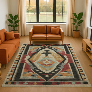 HomeRoots 8' Red Charcoal and Gold Tribal Washable Round Rug - UV Protected, Durable, and Stylish Home Accent 708004