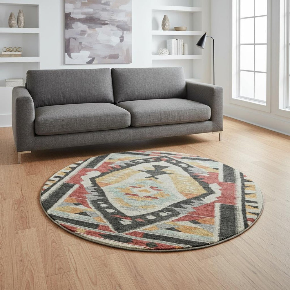 HomeRoots 8' X 10' Bold Red, Charcoal, and Gold Tribal Washable Area Rug with UV Protection for High Traffic Areas 708005