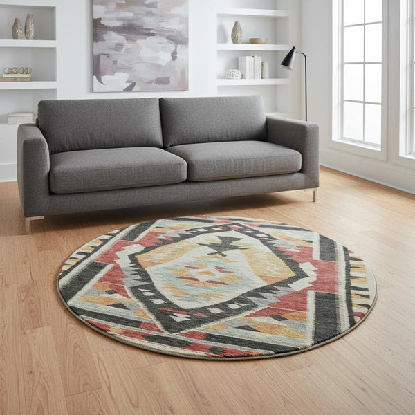 HomeRoots 8' X 10' Bold Red, Charcoal, and Gold Tribal Washable Area Rug with UV Protection for High Traffic Areas 708005