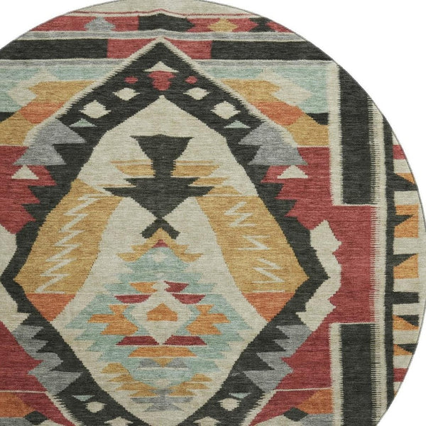 HomeRoots 8' X 10' Bold Red, Charcoal, and Gold Tribal Washable Area Rug with UV Protection for High Traffic Areas 708005