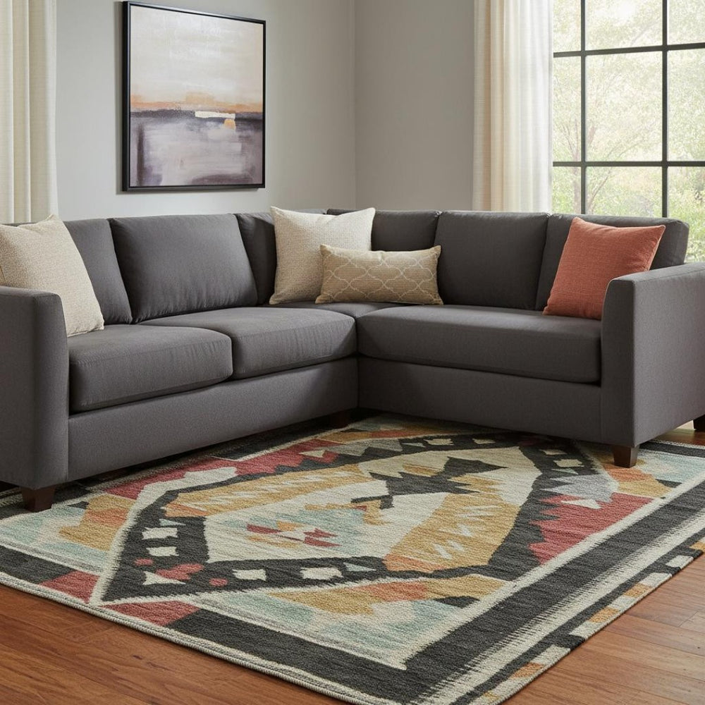 HomeRoots 9' X 12' Vibrant Red, Charcoal & Gold Tribal Washable Area Rug with UV Protection for Busy Homes 708006