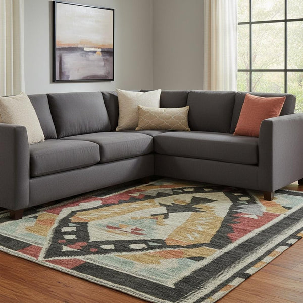 HomeRoots 9' X 12' Vibrant Red, Charcoal & Gold Tribal Washable Area Rug with UV Protection for Busy Homes 708006