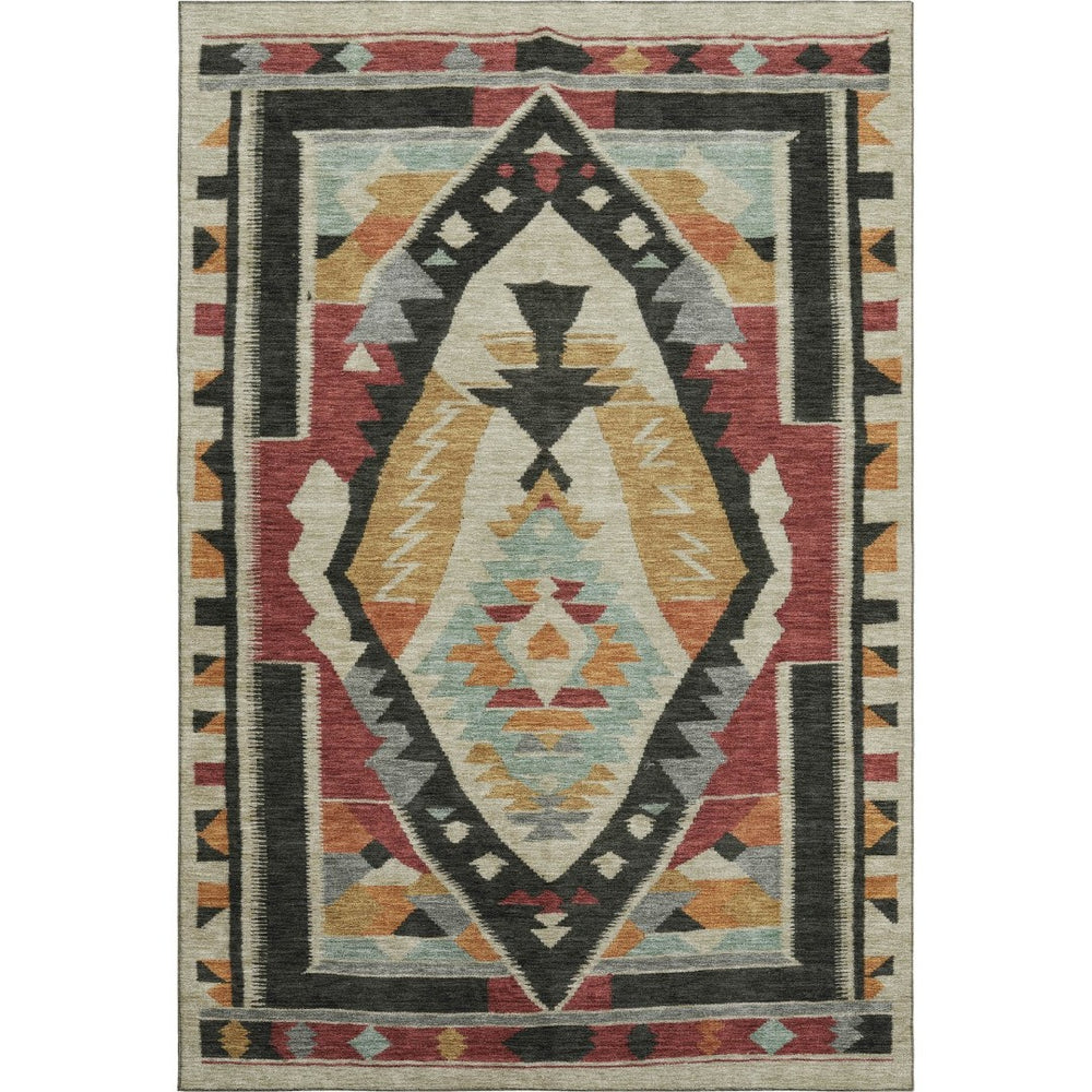 HomeRoots 9' X 12' Vibrant Red, Charcoal & Gold Tribal Washable Area Rug with UV Protection for Busy Homes 708006
