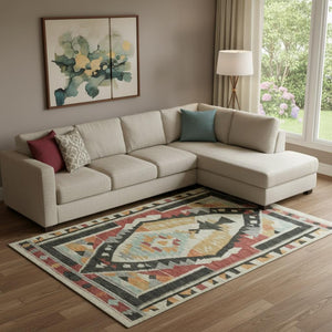HomeRoots 10' X 14' Red Charcoal Gold Tribal Washable Area Rug - Durable, UV-Protected & Easy to Clean! 708007