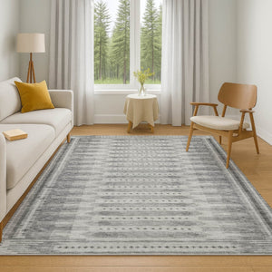 HomeRoots 9' X 12' Stylish Gray & Silver Geometric Area Rug - Washable, UV-Protected, Ideal for Families & Pets 708024