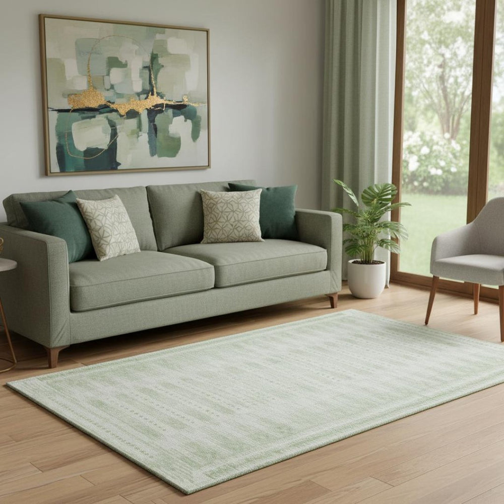 HomeRoots 8' Sage and Fern Green Geometric Washable Round Rug with UV Protection for Stylish Living Spaces 708034