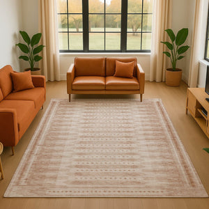 HomeRoots 10' Salmon and Beige Geometric Area Rug - Washable, UV-Protected, Durable for High Traffic Homes 708043