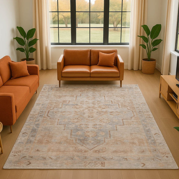 HomeRoots 5' X 8' Copper and Gray Medallion Area Rug - Durable, Washable, UV Protected for High-Traffic Spaces 708051