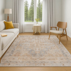 HomeRoots 5' X 8' Copper and Gray Medallion Area Rug - Durable, Washable, UV Protected for High-Traffic Spaces 708051